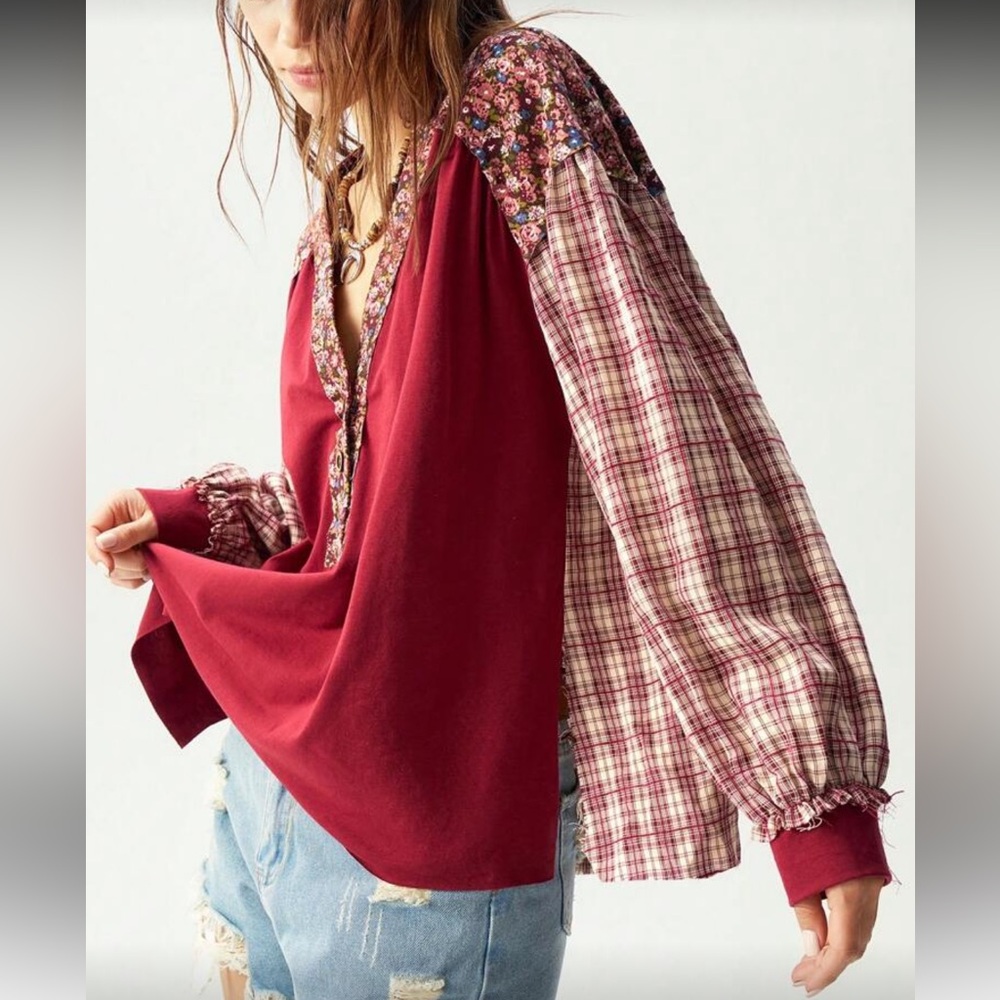 Red And Plaid Patchwork Blouse - image 7